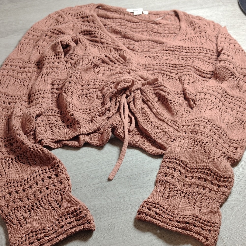 ONeill Womens XS Dusty Rose Pointelle Knit Cropped V-Neck Drawstring Sweater